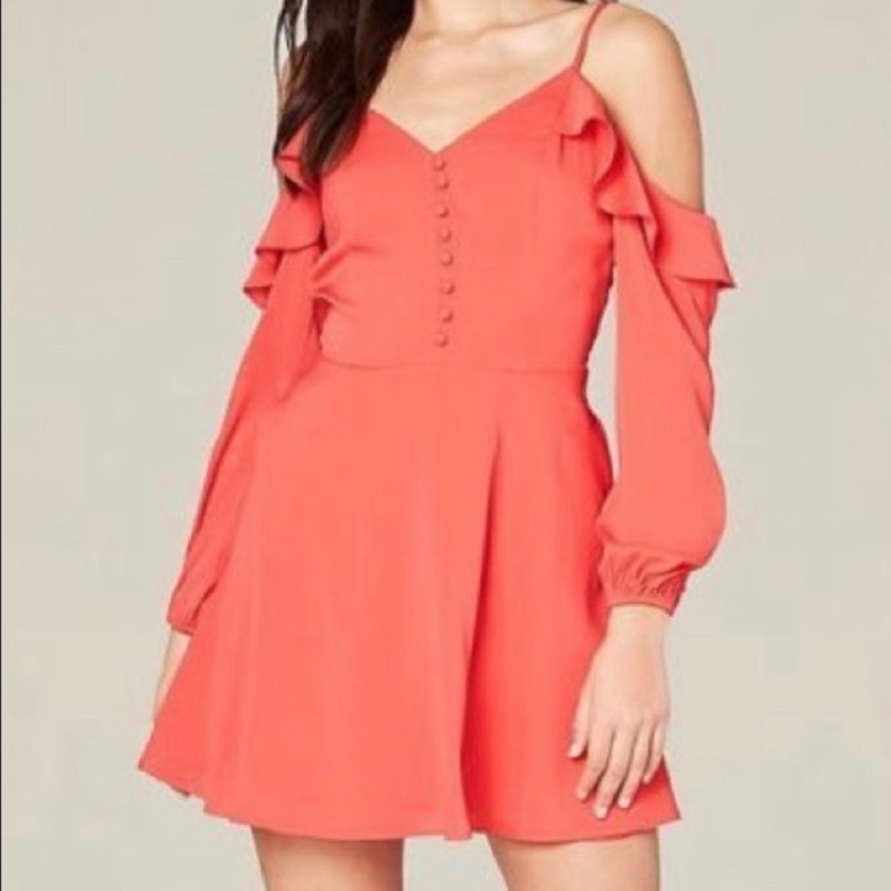 Red Bebe Open Shoulder Ruffle Flare Dress